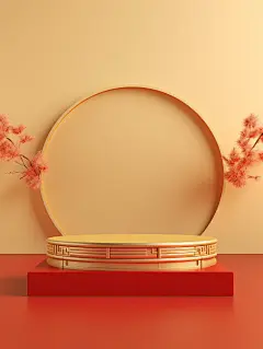 浅黄色背景的圆形讲台，中国新年元素，纹理构图，中国新年主题，
