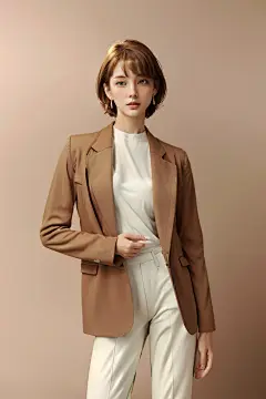 时尚穿搭，浅咖啡色西服，白色裤子