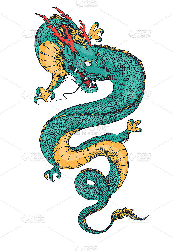 中国龙手绘矢量插图。纹身打印。手绘草图插图的t恤印花，织物和其他用途。
