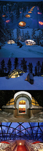 【芬兰的玻璃屋酒店】在芬兰北部Kakslauttanen度假村的玻璃穹顶客房，每个玻璃屋都配备了卫生间和豪华床铺，玻璃圆顶使用了芬兰人发明的热玻璃，视野会不受外界零下30度低温的影响，躺在床上就可以看到绚烂的北极光和繁星闪烁的夜空。