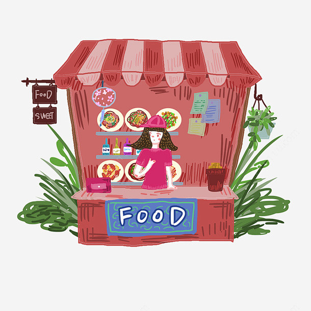 手绘卡通插画风商店高清素材商店店铺户外商店插画风美食食物餐厅元素