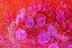 树脂艺术颜料有红色、粉色和白色。流体背景与飞溅和涟漪。现代抽象纹理与喷溅墨水。明亮的颜料混合在微缩摄