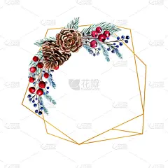 冬季水彩多边形框架与浆果，冷杉球果，冷杉树枝。手绘圣诞插图。用于请柬、贺卡、印刷品、海报、广告