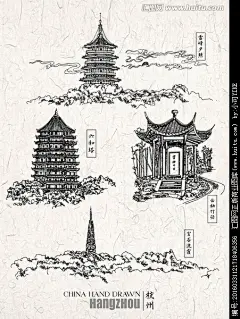 西湖旅游景点线描