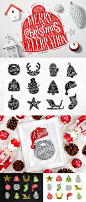 Christmas silhouettes : Christmas vintage silhouettes Santa hat, mitten, deer, sock, Santa's beard, Christmas tree, Christmas ball, Santa's sleigh, star, snowman, bell, winter hat with greeting lettering let it snow, happy holidays warm wishes, all i want