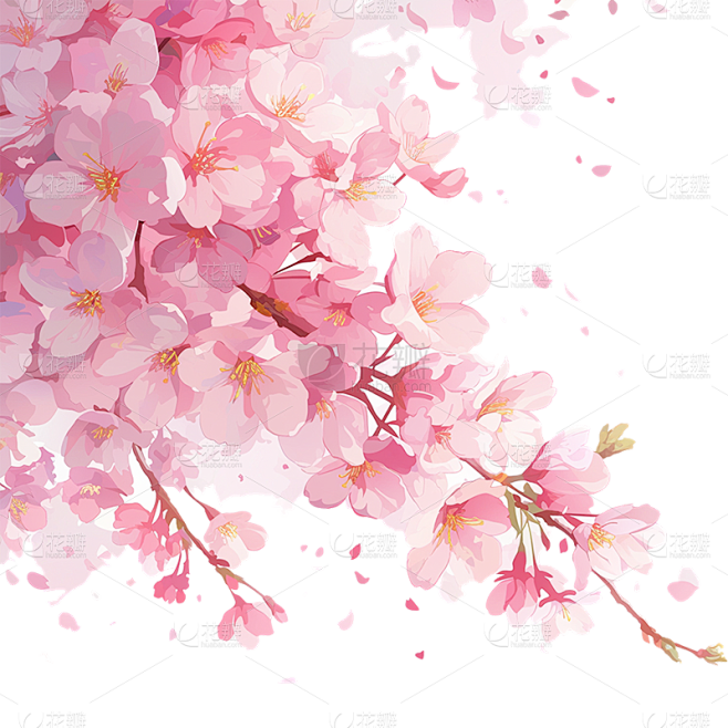 植物通用粉色樱花插画花枝飘花瓣元素素材