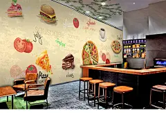 pvc手绘美食pizza汉堡大型壁画快餐店墙纸小吃店奶茶店壁纸无纺布-淘宝网