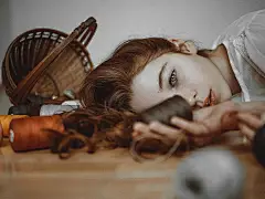 女人,情绪,妇女,模特女孩,说谎的,向下,蓝色,眼睛,红发的人,壁纸,