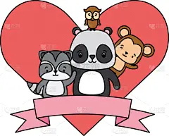 可爱的,动物,熊猫,猴子,猫头鹰,浣熊,动物心脏,形状,爱,庆祝