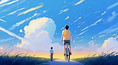 蓝天白云夏日阳光男孩乡间骑车唯美夏天水彩插画背景立夏夏季插画桌面壁纸