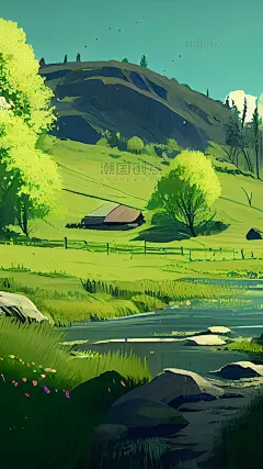 绿色自然风光景色数字插画