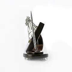 意大利原产GOLD LINE镀银胡桃木底双头马名片架笔筒雕塑摆件 银色【办公桌摆件】- 喜地