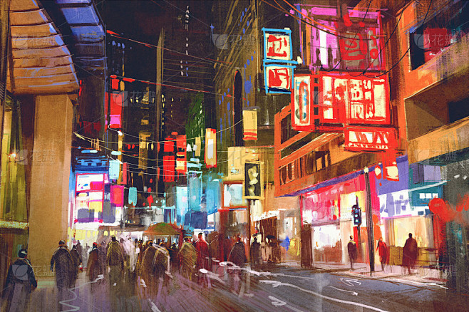 彩色的画，人们走在夜晚的城市街道上