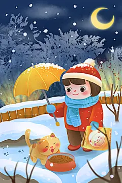 冬季风雪堆雪人可爱卡通风景插画