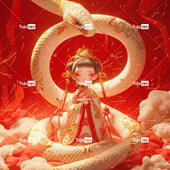 可爱的蛇宝宝，云雾缭绕，蛇年结合中国古代神话的主题风格海报