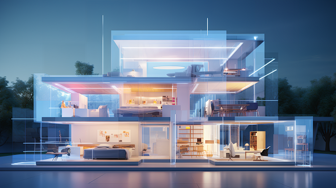 室内家居设计3D立体背景具有自动照明和声...