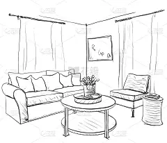 房间内部草图。手绘沙发和家具。