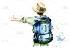 女孩搭便车在绿色衬衫和草帽与一个背包在她的肩膀上与她的背对观众站。孤立在白色背景上。水彩手绘插图