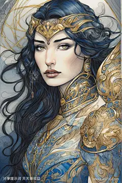 一个梦幻般的波斯女战士角色_提示词查看_Midjourneyai绘图工具关键词描述词咒语_896X1344像素-金头发,插图,黑头发,战士,梦幻-提示词编号:2023080314529780-绘ai-www.ai016.com-素材库-sucai1.cn