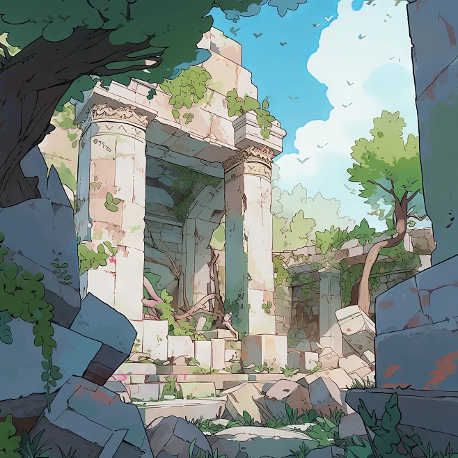 AI卡通建筑遗迹素材 游戏石门场景概念设定 背景环境插画设计-淘宝网-花瓣网