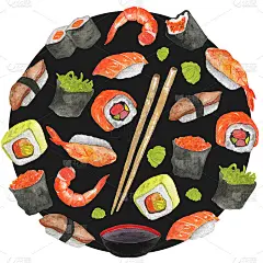 水彩手绘圆形寿司模板