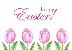 点击来源直接获取大图文件 |带有手绘水彩郁金香的复活节快乐祝福。带有文字问候的简单手绘郁金香插图。季节性节日装饰。
