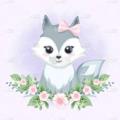 可爱的,动物,绘画插图,卡通,小狐狸,举起手,水彩画,贺卡,水彩画颜料,女婴