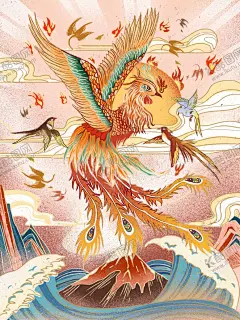 百鸟朝凤中国风 【酷图网】百鸟朝凤,中国风,国潮插画,中秋节,凤凰,白鸟