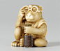 A Tokyo school ivory netsuke of a monkey with an inrô, by Yoshiyuki. Ca. 1960-1970 Seated in a sleeveless jacket with asa-no-ha pattern, the monkey inspects the manjû hanging from an inrô with a lorgnette. The inrô lacquered brown, the manjû of greenish c