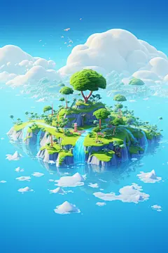 自然小岛建筑场景插画