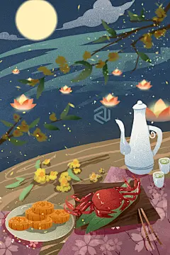 唯美古风中秋佳节赏月中秋插画