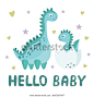 Newborn baby concept with cute little dinosaur in egg and his mother. Hello baby card for decorating a nursery, textiles, milestone cards, baby shower invitation.