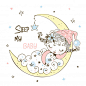 可爱的小女孩穿着睡衣在月亮上睡觉，手绘小清新T恤印花插画