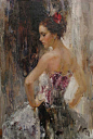 Painting of young woman in strapless dress.    Nikolai Blokhin