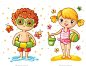 Boy and girl on the beach. Girl playing in the sand. The boy is swimming with a swimming circle.