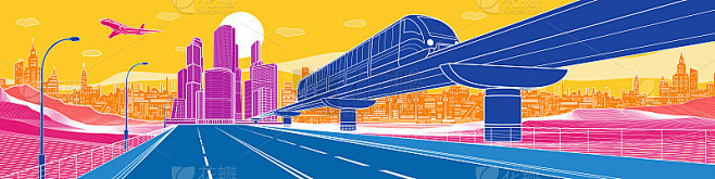彩色基础设施城镇插图。大型高速公路，火车...