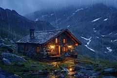 林中小屋傍晚夜景