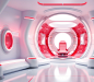 A 3d rendering of a futuristic office with red light, in the style of medical imaging film., light red and white, confessional, rounded, robotic motifs, ironical, colourful