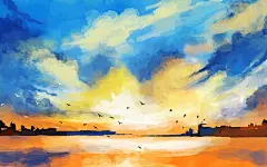 水彩插画手绘风景背景天空云彩蓝色写意山水夕阳