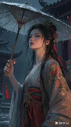 jimeng-2025-09-10-3132-cg厚涂人物插画，质感。粗糙笔触，水粉质感。绝色美女脸部特写，手持伞，古代贵妃，