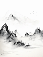 极简主义山水插图，水墨山脉由不同的线条组成黑白