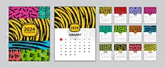 桌面日历2024模板集，日历设计风格，挂历2024设计，海报，封面设计，12个月集，周开始周日，广告