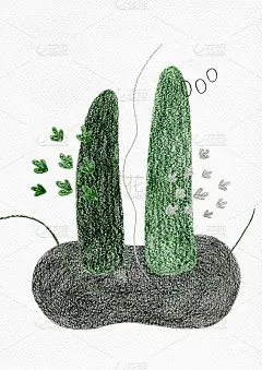 彩色铅笔抽象插图与黑色和绿色的形状，线条，鸟的脚印。灰色和绿色图片，纵向。