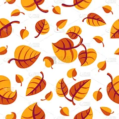 时尚的卡通秋叶无缝矢量图案，无尽的壁纸或纺织品样本与树花，红色的秋天生活主题。