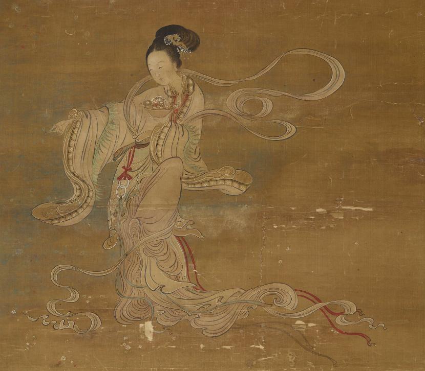 天女散花図 掛軸 168×65cm 清徐玫天女散花图局部大英博物馆藏