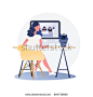 Woman graphic designer working on computer while sitting at the table indoors. Vector illustration