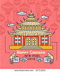 Chinese New Year flat thin line greeting card template. Temple pagoda house, lantern, firework, monkey. Chinese New Year 2016 linear minimal modern stroke vector concept. Web, banner, poster, flyer