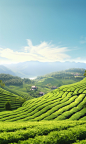 This is a stunning 3D rendered photo for photorealistic results. It depicts a scene of terraced tea fields, with a blue sky and a leaf of tea floating above. Light green main color, this rendering has high precision and resolution, with depth of field eff