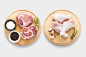 Mockup raw pork chop and chiken steak set. : Top view of mockup raw pork chop steak and chicken raw set isolated on white background. Clipping Path included on white background.