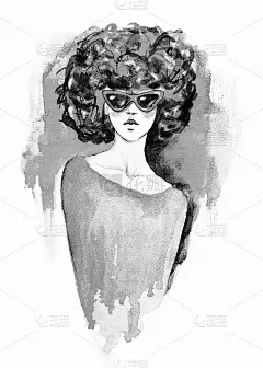 戴墨镜的时髦女孩。手绘时尚插画。下降的趋势。时尚潮流。时尚插画。
